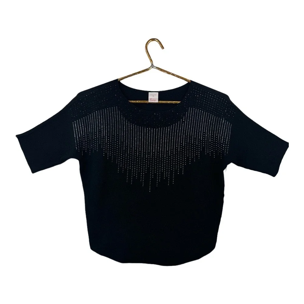 Luna Knit Top Women XL Black New Rhinestone Fringe Short Sleeve Cropped Sweater